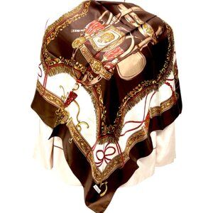 Unused Sun Kyung Sa  Scarf  100% Silk Satin 35" Brown Ivery Horse Saddle  (60)